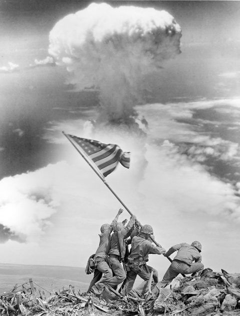Composite: US Marines raising the flag at Iwo Jima beside an atomic explosion