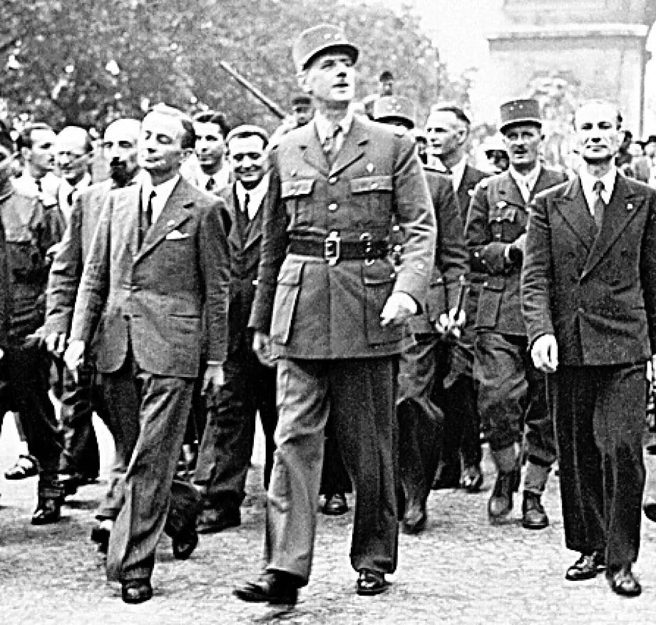 De Gaulle leads the Paris victory parade down the Champs Elysee on 26 August, 1944.
