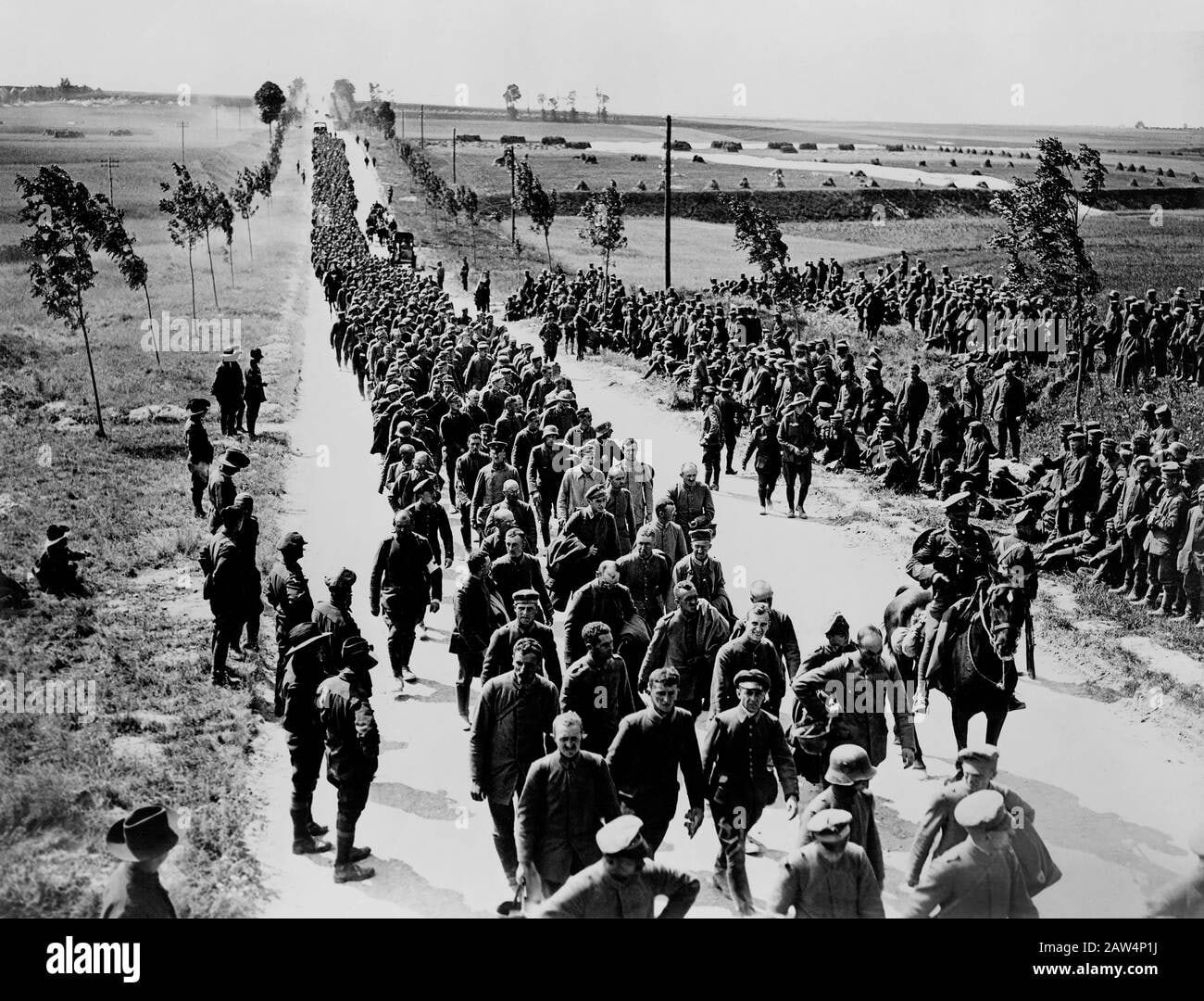 Long column of soldiers marching on a wide, dusty rural road.