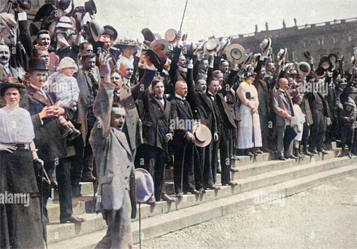 Crowds outside the Royal Palace in Berlin cheer the news that Austria-Hungary is at war with Serbia. Within days, Russia mobilised in support of Serbia - prompting Germany, as it had promised, to side with Vienna.